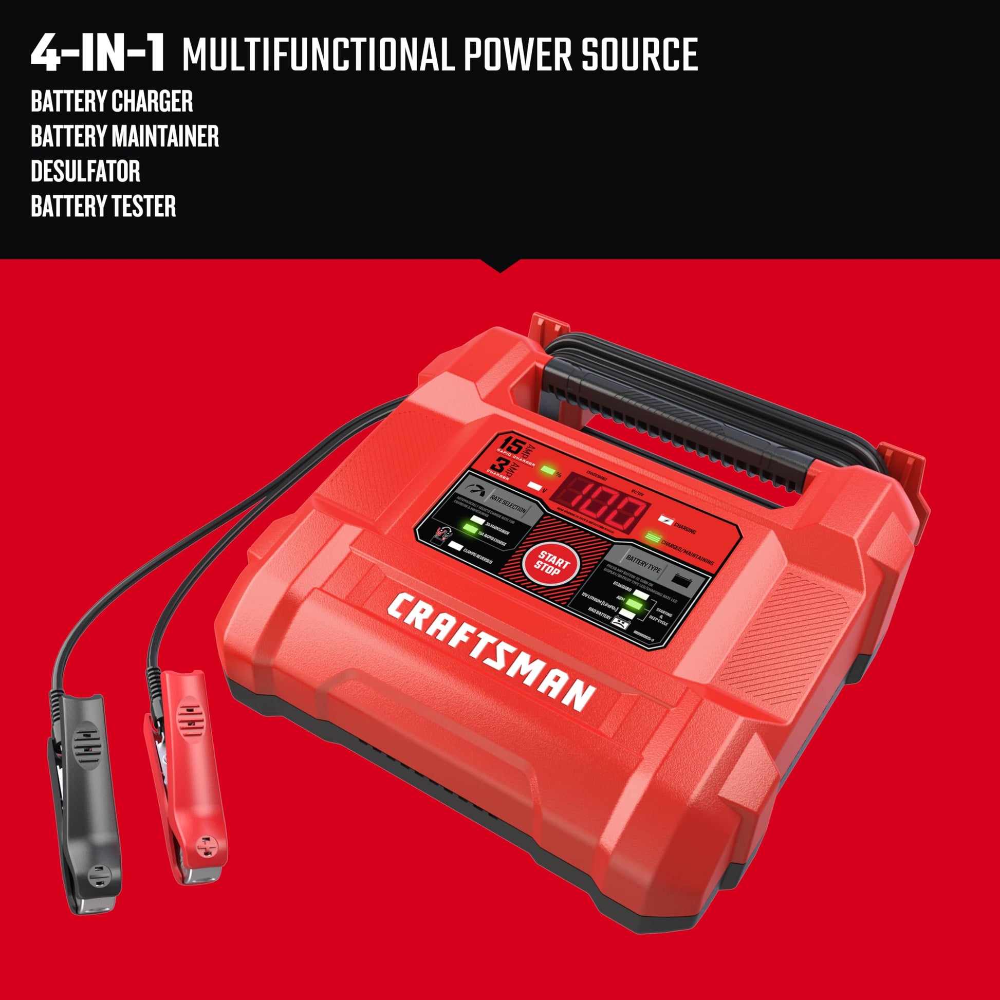 Buy now CRAFTSMAN 15A Car Battery Charger and Battery Maintainer, 4-in-1 Solution, for 6V/12V Power Sport, Automotive, and Marine Batteries, CMXCESM162 at indiglob india