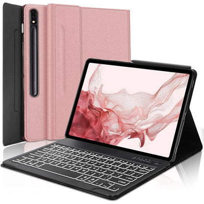 JADEMALL for Galaxy Tab A9 Plus/A9+ 5G 11 Inch Case with Keyboard 2023 (SM-X210/X216/X218), 7 Colors Backlit Auto Sleep/Wake, Wireless Bluetooth Detachable Keyboard with S Pen Holder-Rose Gold