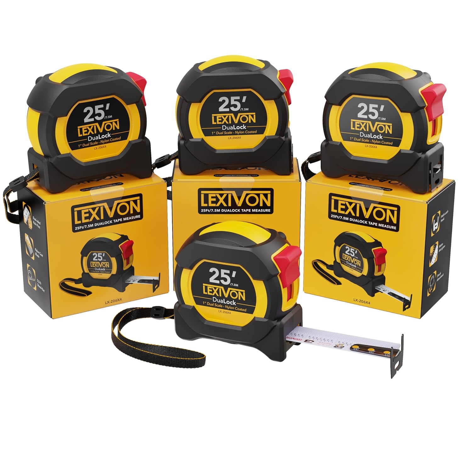 Buy now LEXIVON 25Ft/7.5m AutoLock Tape Measure | 1-Inch Wide Blade with Nylon Coating, Matte Finish White & Yellow Dual Sided Rule Print | Ft/Inch/Fractions/Metric (LX-205) 4-Pack DuaLock at indiglob india