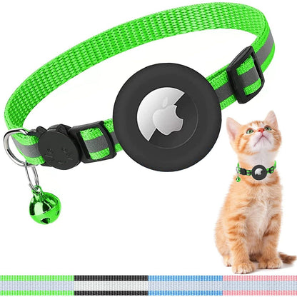 Airtag Cat Collar - Cat Airtag Collar with Silicone Airtag Holder and Bell - Adjustable Double Layer Nylon Breakaway Cat Collars - 0.2in Reflective Strip
