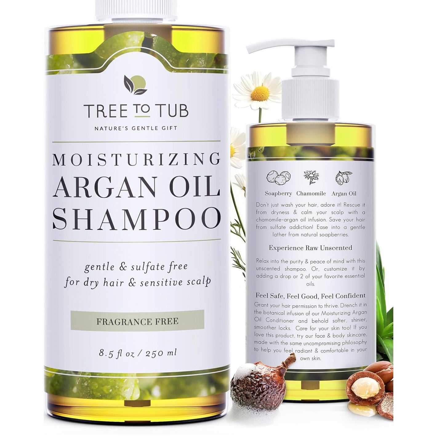 Tree to Tub Fragrance Free Shampoo for Dry & Sensitive Scalp - Gentle Unscented Hydrating Hair Shampoo for Women & Men, Moisturizing Sulfate Free Shampoo w/Organic Argan Oil, All Natural Soapberry