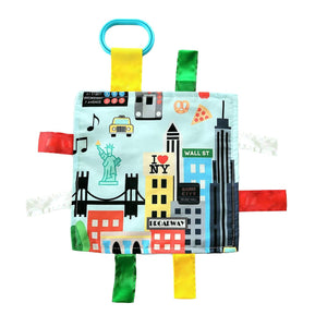 Baby Jack & Co 8x8” Learning Lovey NYC New York Tag Toys for Babies - Baby Crinkle Toys - Soft & Safe - Learn USA Cities and Shapes - Ideal Baby Toy & Gift BPA Free w/Stroller Clip