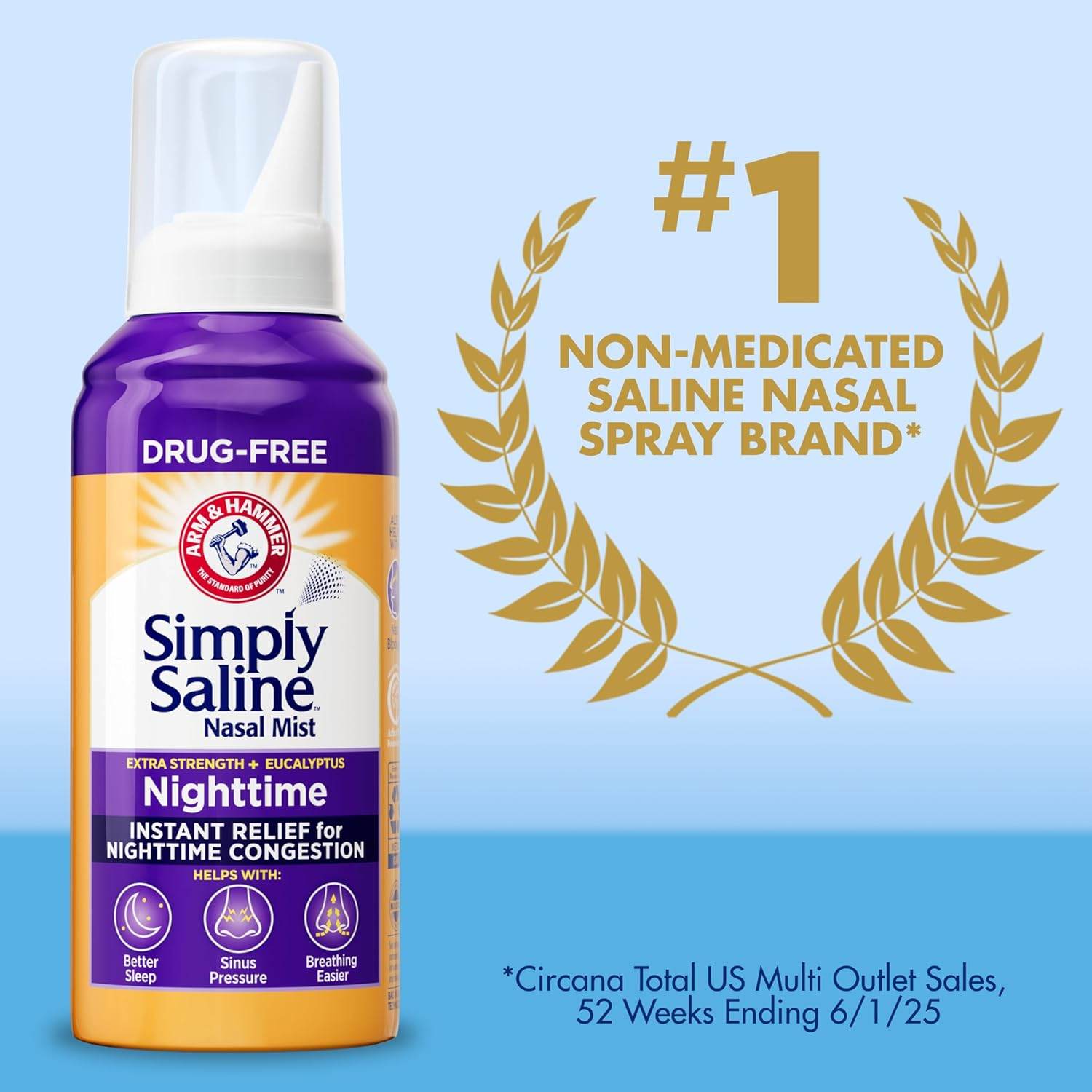 ARM & HAMMER Simply Saline Nighttime Drug-Free Mist for Nasal Congestion at Night, Extra Strength, Calming Eucalyptus, Safe to Use with Rx and OTC, For Adults and Kids Ages 2+, 4.6 oz (129 g) - My Store