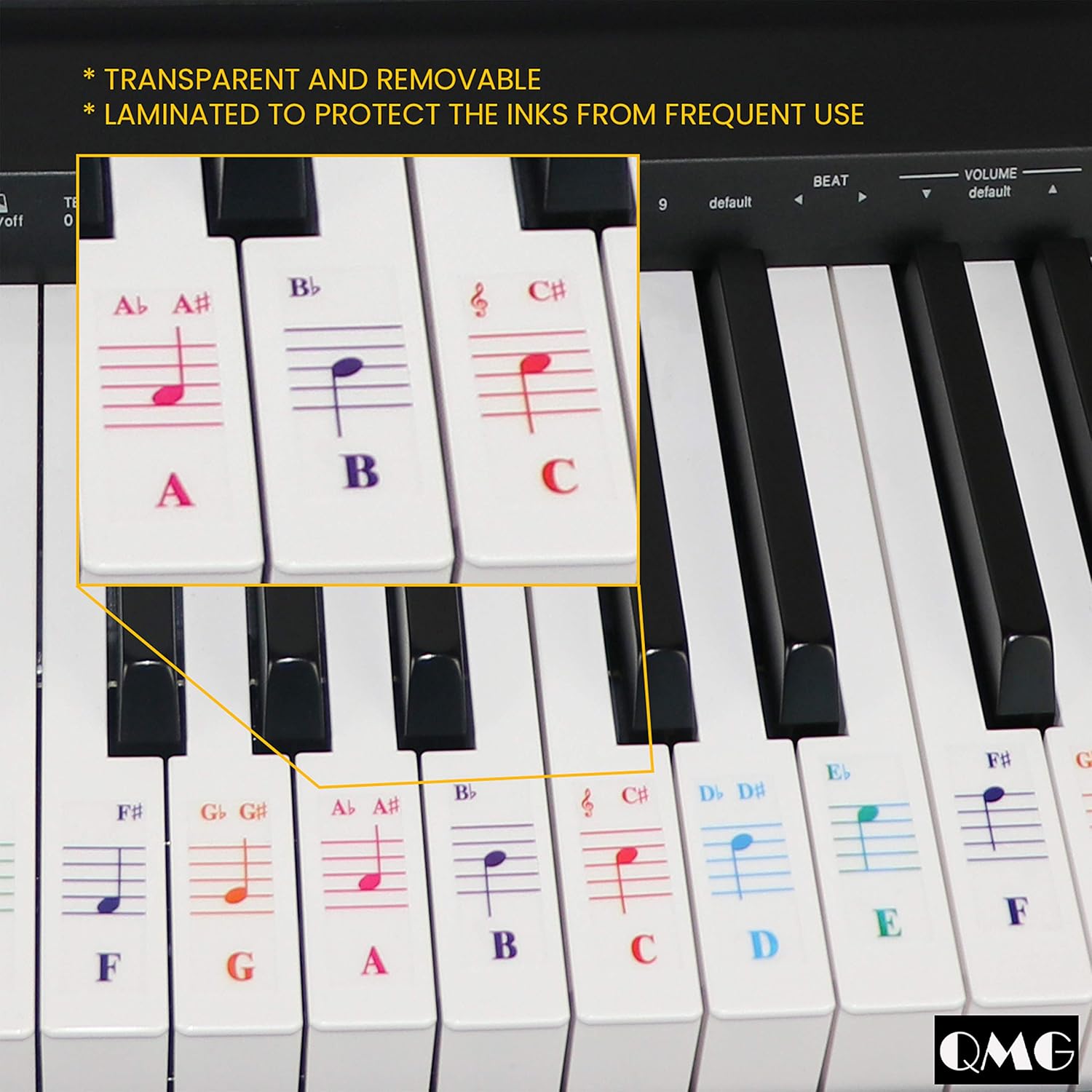 Buy now QMG Piano Keyboard Stickers for 88/76/61/54/49/37 Key Large Letter Piano Stickers for Learning, Removable Piano Keyboard Letters, Notes Label for Beginners and Kids, Made in USA at indiglob india