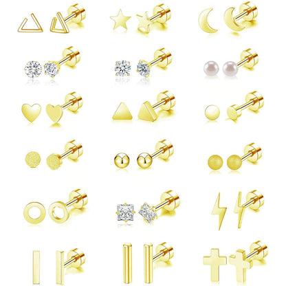 18 Pairs Stainless Steel Stud Earrings Set for Women Men Star Moon flower Heart Leaf Opal 20G Cartilage Earrings Hypoallergenic Flatback Earrings Piercing Jewelry
