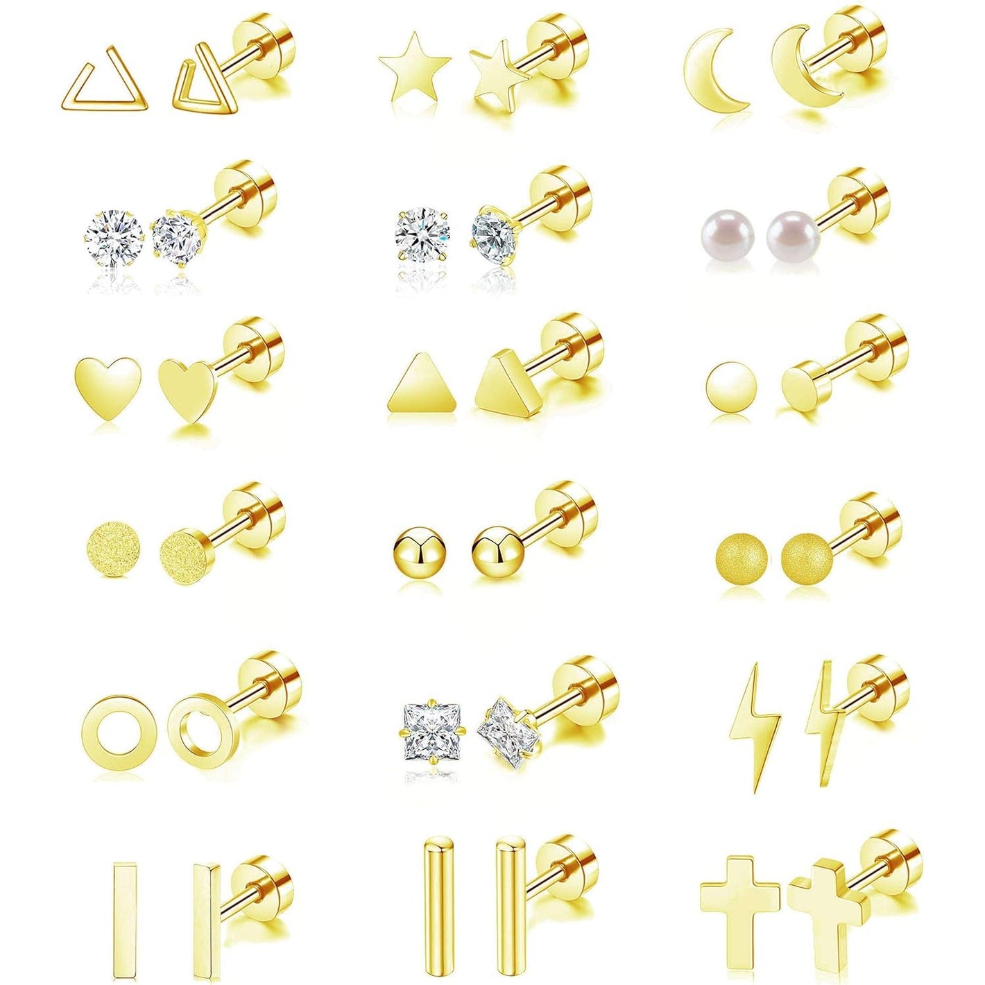 18 Pairs Stainless Steel Stud Earrings Set for Women Men Star Moon flower Heart Leaf Opal 20G Cartilage Earrings Hypoallergenic Flatback Earrings Piercing Jewelry