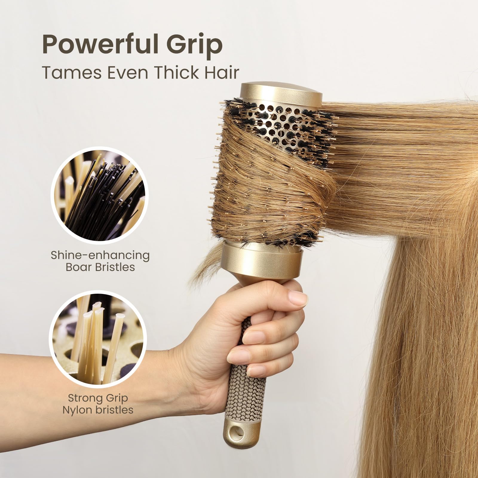 Buy now AIMIKE Round Hair Brush, Nano Thermal Ceramic & Ionic Tech, 2.1 Inch Barrel with Boar Bristles for Enhanced Texture, Golden, Hair Drying, Styling, Curling and Shine + 4 Free Clips at indiglob india