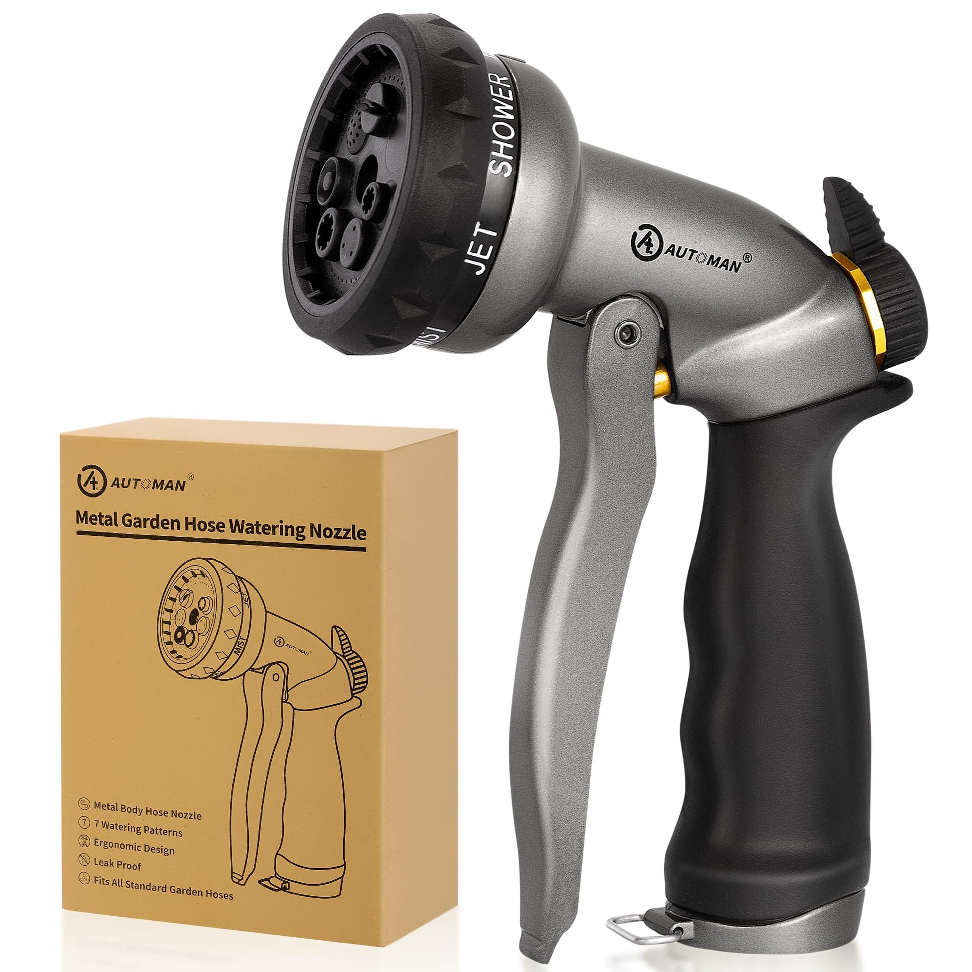 Buy now AUTOMAN-Garden-Hose-Nozzle, ABS Water Spray Nozzle with 7 Adjustable Watering Patterns, Slip Resistant for Watering Plants, Lawn& Garden, Washing Cars, Cleaning, Showering Pets & Outdoor Fun. Metalic Silver at indiglob india