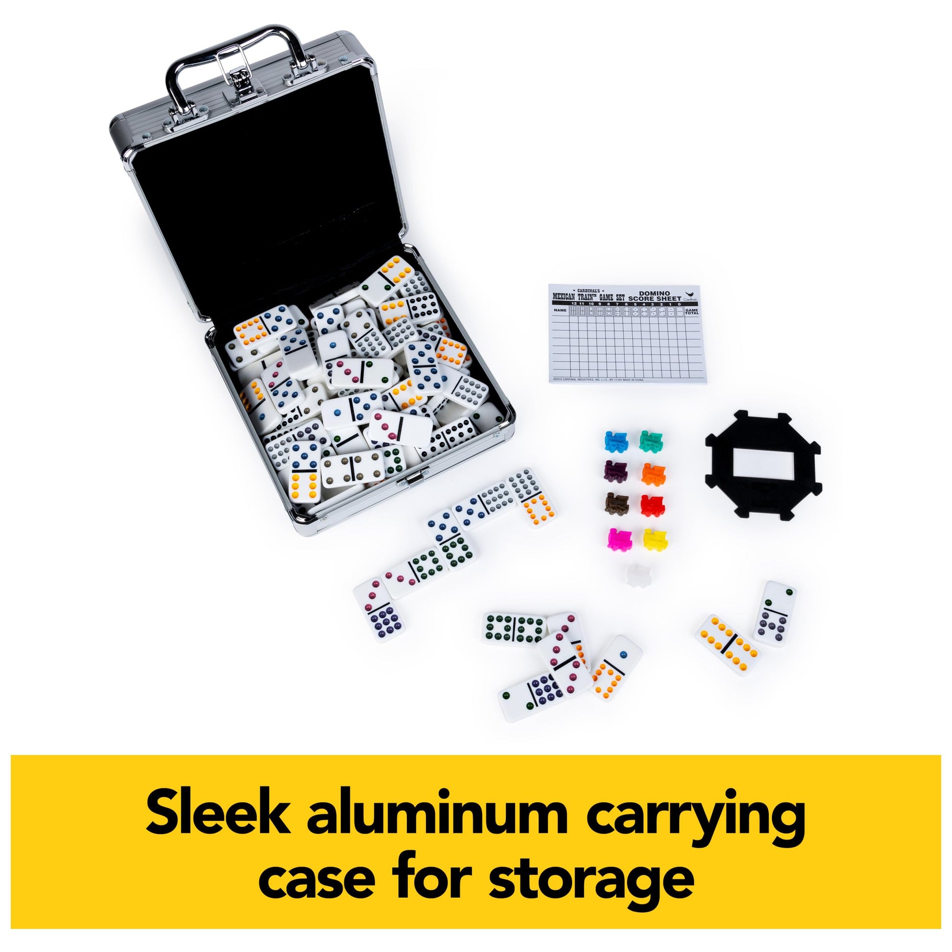 Buy now Spin Master Games, Mexican Train Dominoes Set in Aluminum Carry Case, Includes Colorful Trains for Fun-Filled Family Game Night, for Kids & Family, 2-8 Players, for Ages 8 & Up at indiglob india