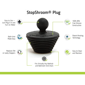 StopShroom Tub 2 Pack Universal Stopper for Bathtub and Bathroom Sink Drains, Black Plug 2pk, 2 Count
