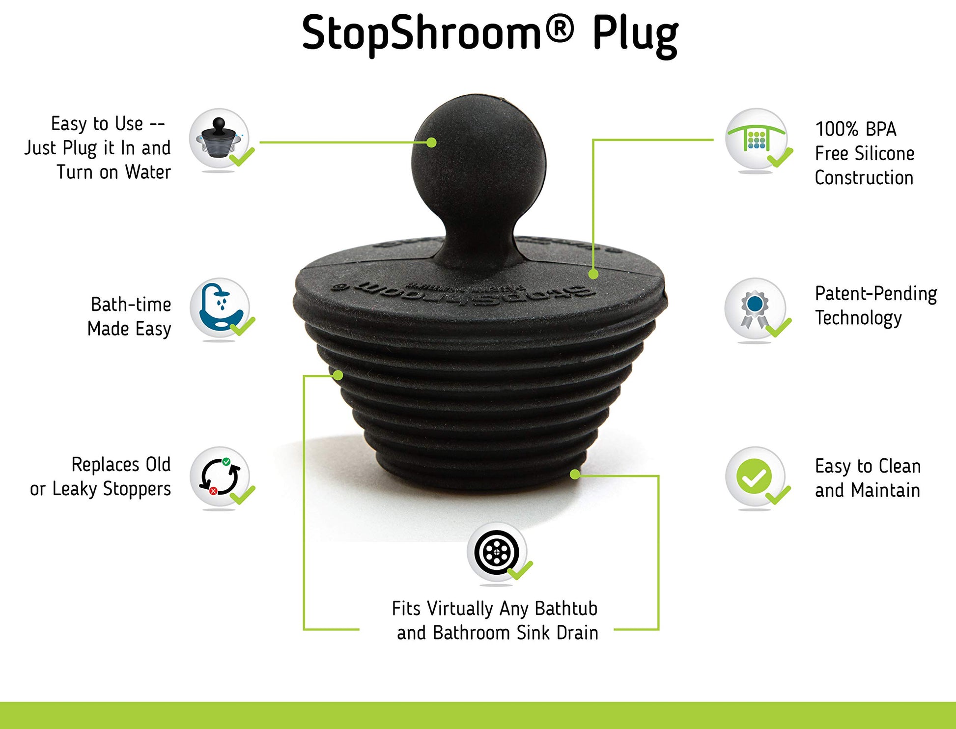 Buy now StopShroom Tub 2 Pack Universal Stopper for Bathtub and Bathroom Sink Drains, Black Plug 2pk, 2 Count at indiglob india