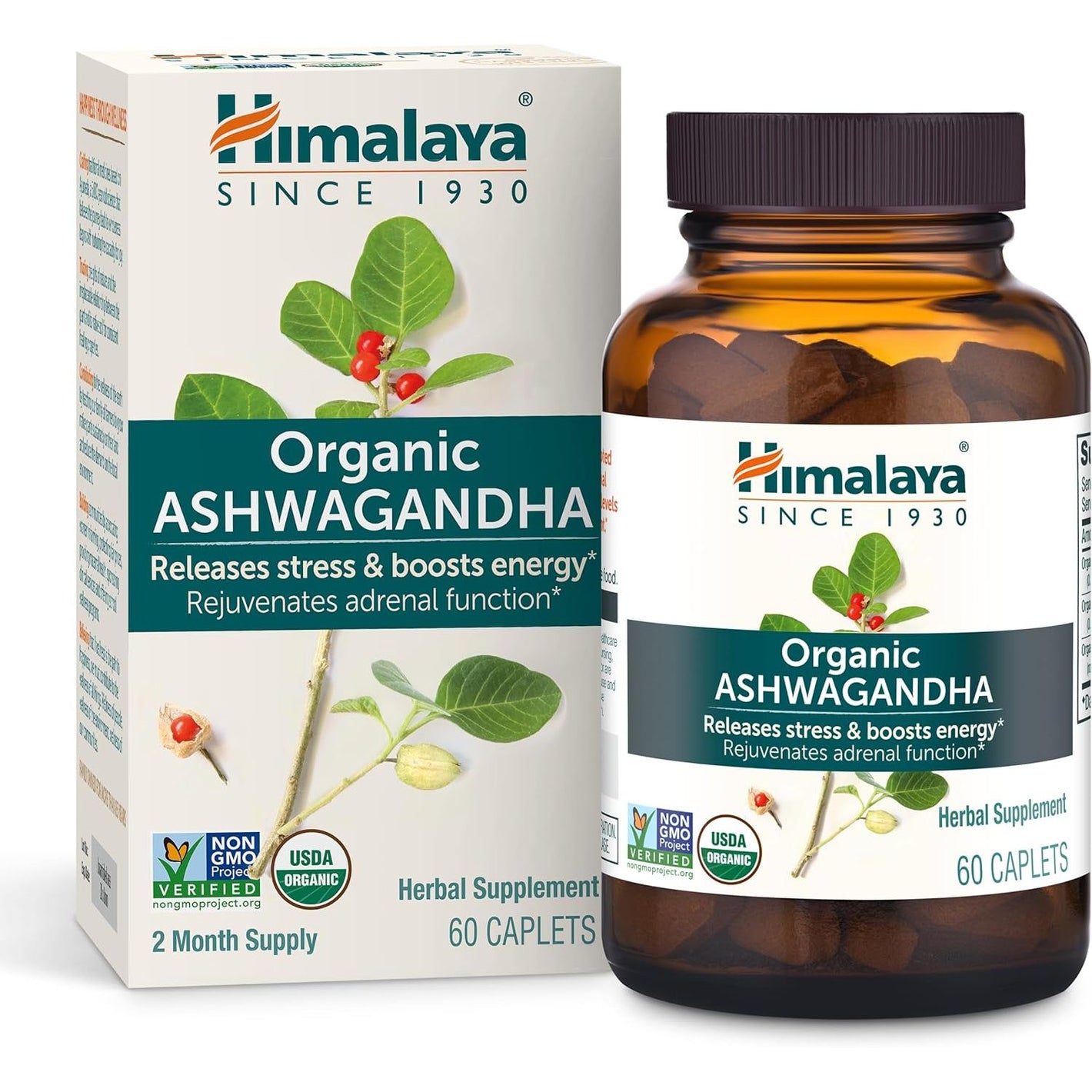 Himalaya Organic Ashwagandha, 60 Day Supply, Herbal Supplement for Stress Relief, Energy Support, Occasional Sleeplessness, Organic, Non-GMO, Vegan, Gluten Free, 670 mg, 60 Caplets