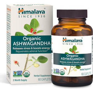 Himalaya Organic Ashwagandha, 60 Day Supply, Herbal Supplement for Stress Relief, Energy Support, Occasional Sleeplessness, Organic, Non-GMO, Vegan, Gluten Free, 670 mg, 60 Caplets
