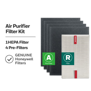 Buy now Honeywell HEPA Air Purifier Filter Kit – Includes 1 HEPA R Replacement Filter and 4 A Carbon Pre-Cut Pre-Filters – Airborne Allergen Air Filter Targets Wildfire/Smoke, Pollen, Pet Dander, and Dust at indiglob india