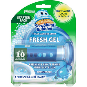 Scrubbing Bubbles Fresh Gel Toilet Bowl Cleaning Stamps, Helps Keep Toilet Clean and Helps Prevent Limescale & Rings, Rainshower Scent, 1 Dispenser with 6 Fresh Gel Stamps