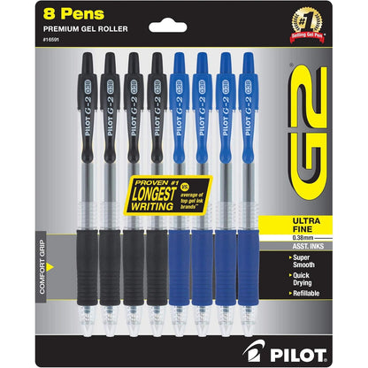 Pilot, G2 Premium Gel Roller Pens, Ultra Fine Point Gel Pens 0.38 mm, Pack of 4, Black, Blue, Green, Red