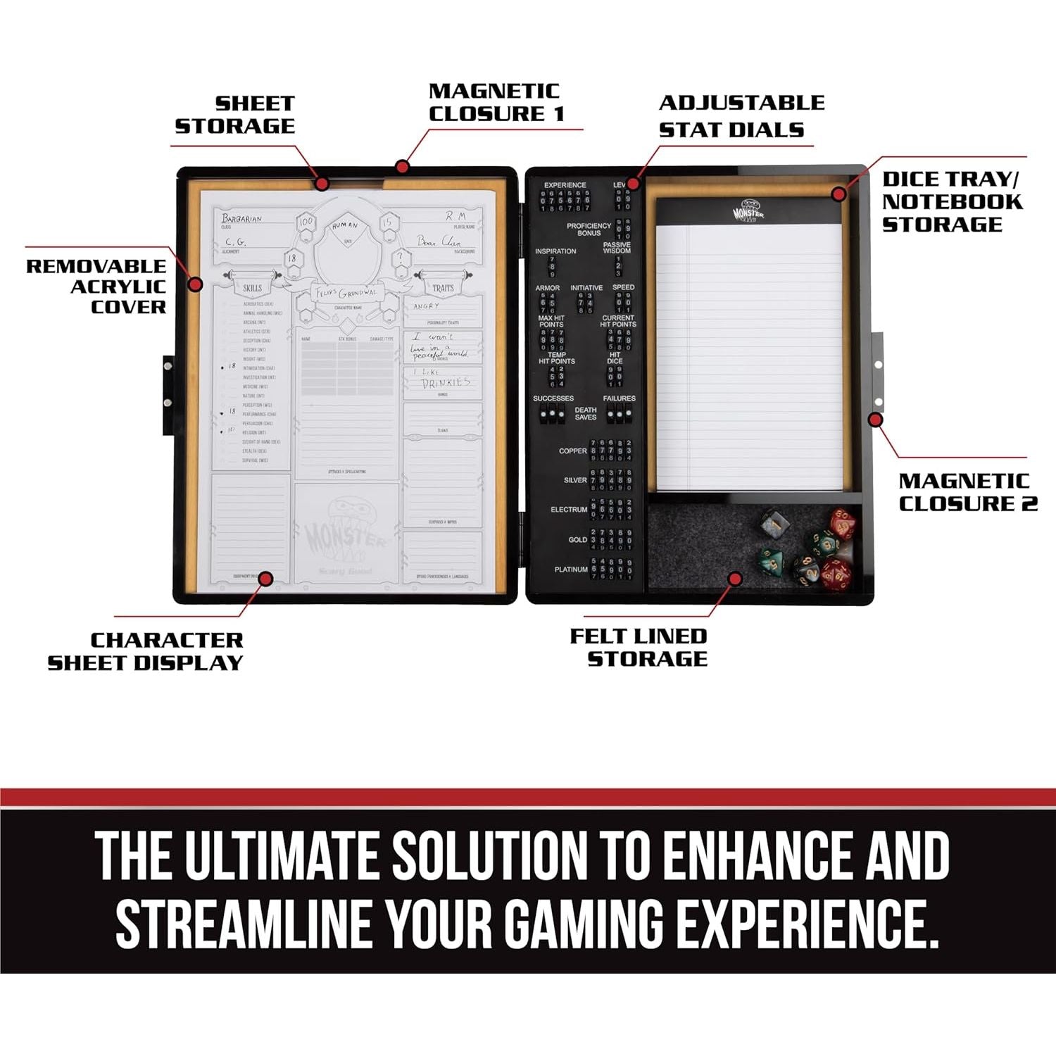 Buy now Monster Wooden Deluxe DND Stat Tracker Case- Compatible with Dungeons and Dragons- Record RPG Character Notes, Attacks, Abilities- Felt Dice Rolling Tray, Notebook, 50 Character Sheets for Gameplay at indiglob india