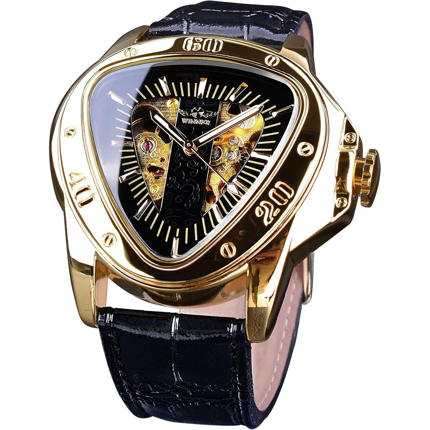 Winner Fashion Mechanical Wrist Watch Triangle Racing Dial, Waterproof Golden Skeleton Dial Automatic Movement Leather Design Mechanical Watch for Men