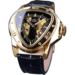 Winner Fashion Mechanical Wrist Watch Triangle Racing Dial, Waterproof Golden Skeleton Dial Automatic Movement Leather Design Mechanical Watch for Men