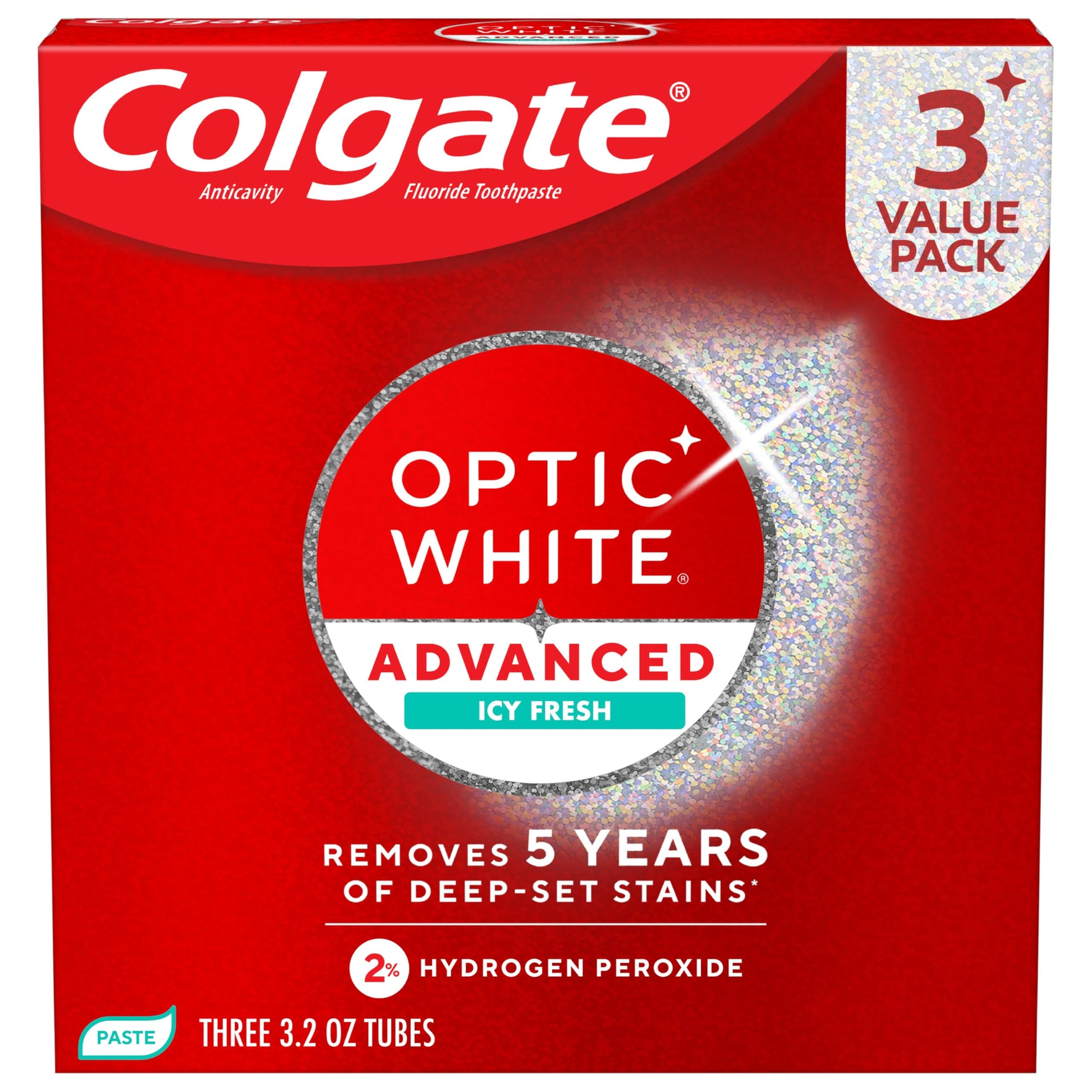 Buy now Colgate Optic White Advanced Hydrogen Peroxide Toothpaste, Teeth Whitening Toothpaste Pack, Enamel-Safe Formula, Helps Remove Tea, Coffee, and Wine Stains, Sparkling White, 3 Pack, 3.2 oz 9.6 Ounce (Pack of 1) Icy Fresh at indiglob india