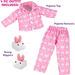 Bunny Doll Pajama Set w Slippers- 18" Doll Clothes & Accessories Compatible w American Girl Dolls- 3pc PJ Outfit Set Includes Rabbit Shirt, Pants,& White Slippers- Cozy