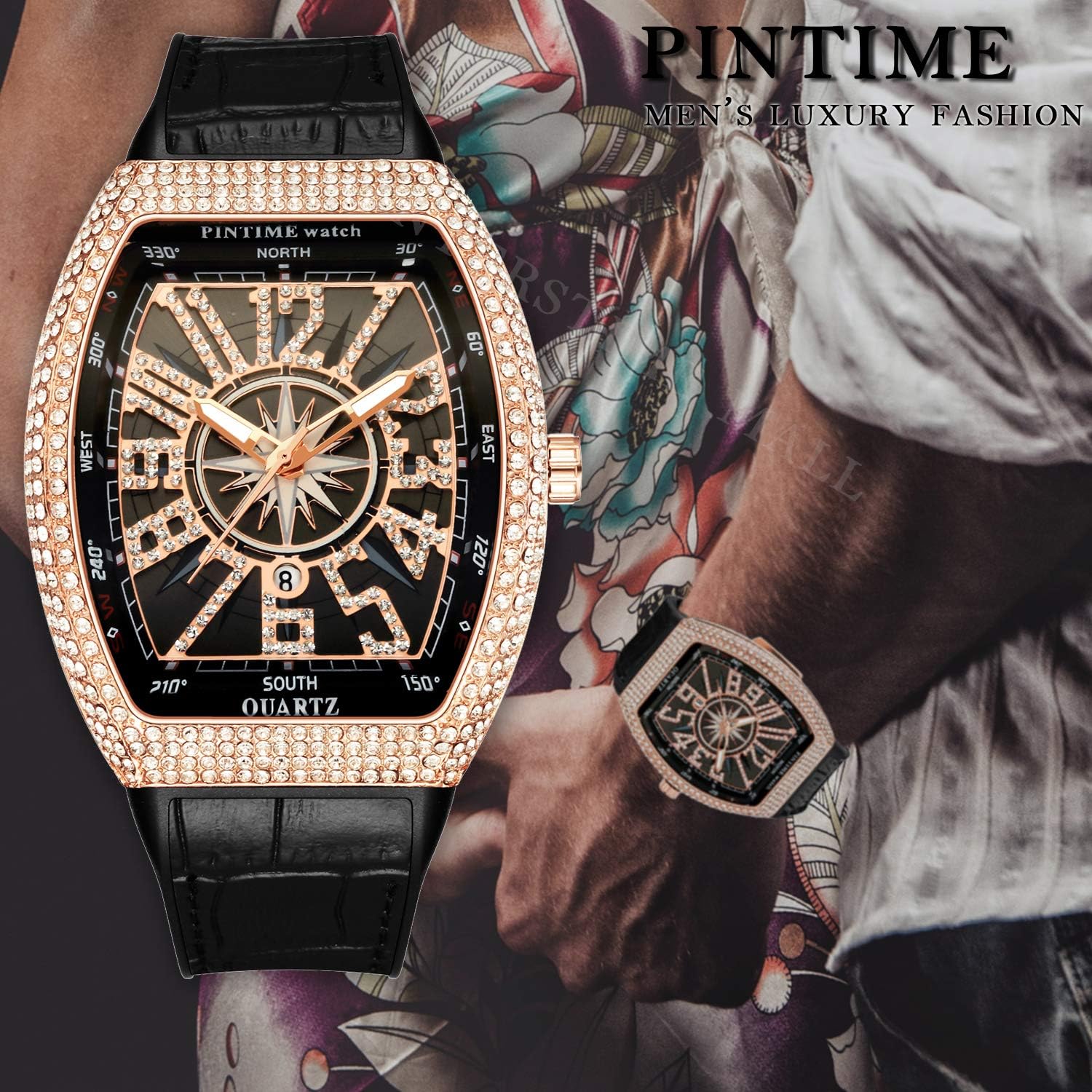 Buy now PINTIME Luxury Men's Crystal Watch Rosegold Tonneau Fashion Bling Iced Out Diamond Watch for Men Hip Hop Rapper, Black Dial at indiglob india