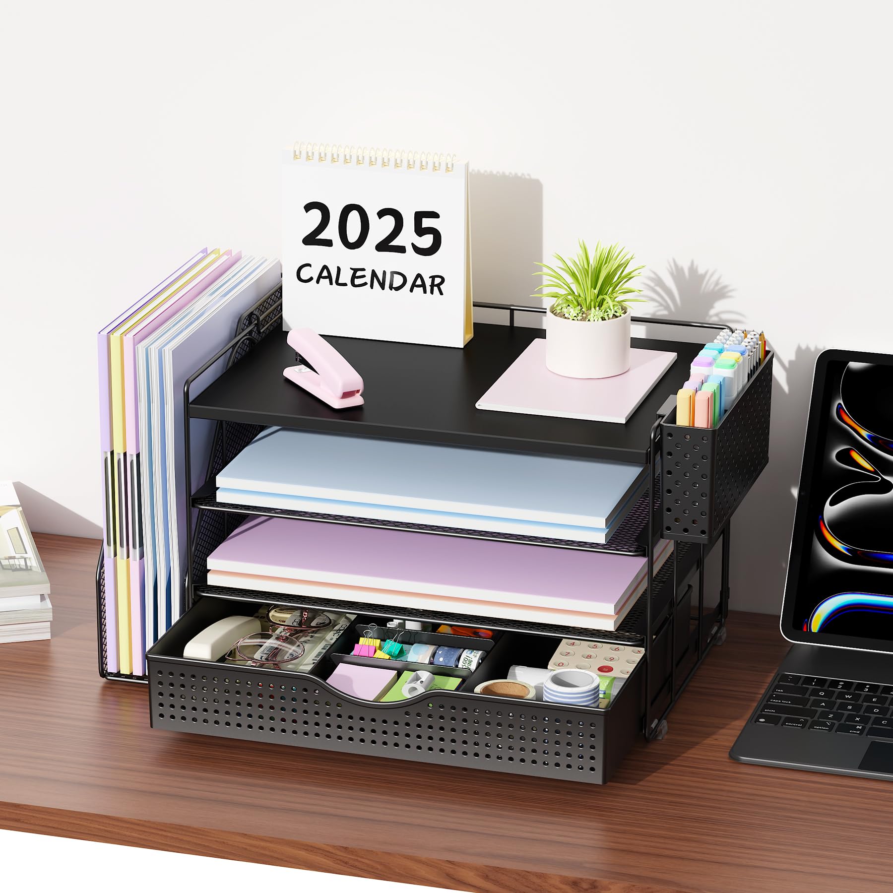 Buy now gianotter Wood Desk Organizers and Accessories with File Holder, 4-Tier Desk Accessories & Workspace Organizers with Drawer and Pen Holder, Paper Organizer for Office Supplies (Black) at indiglob india