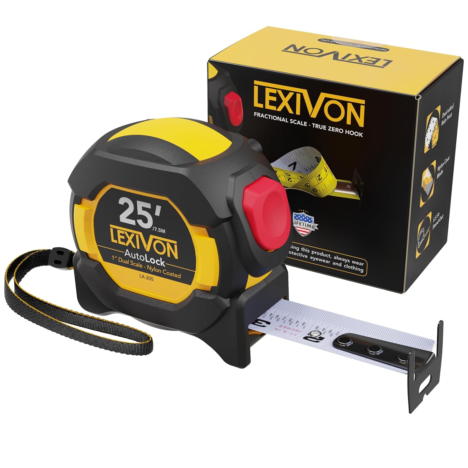 Buy now LEXIVON 25Ft/7.5m AutoLock Tape Measure | 1-Inch Wide Blade with Nylon Coating, Matte Finish White & Yellow Dual Sided Rule Print | Ft/Inch/Fractions/Metric (LX-205) at indiglob india