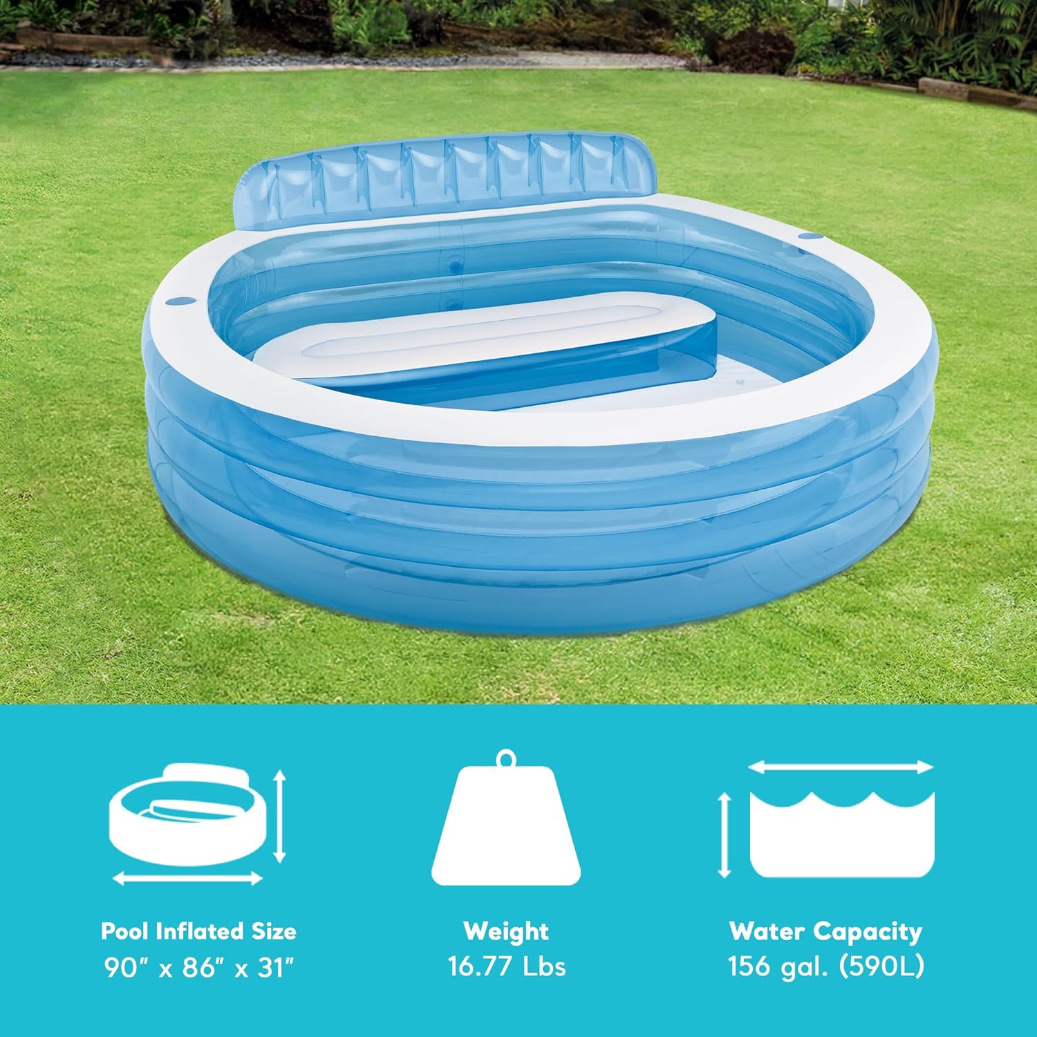 Buy now INTEX Swim Center Inflatable Family Lounge Pool: Built-In Bench – Cup Holder – 156 Gallon Capacity – 90" x 86" x 31" – Blue at indiglob india