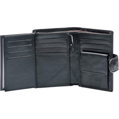 POKOFO Large RFID Genuine Leather Card Holder Trifold Wallet Snap Closure 3 ID Windows for men