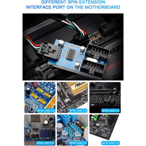 Rocketek Motherboard USB 2.0 9-Pin Header to 2-Port Hub Splitter - 30CM Cable USB 9-Pin Internal Cable Adapter