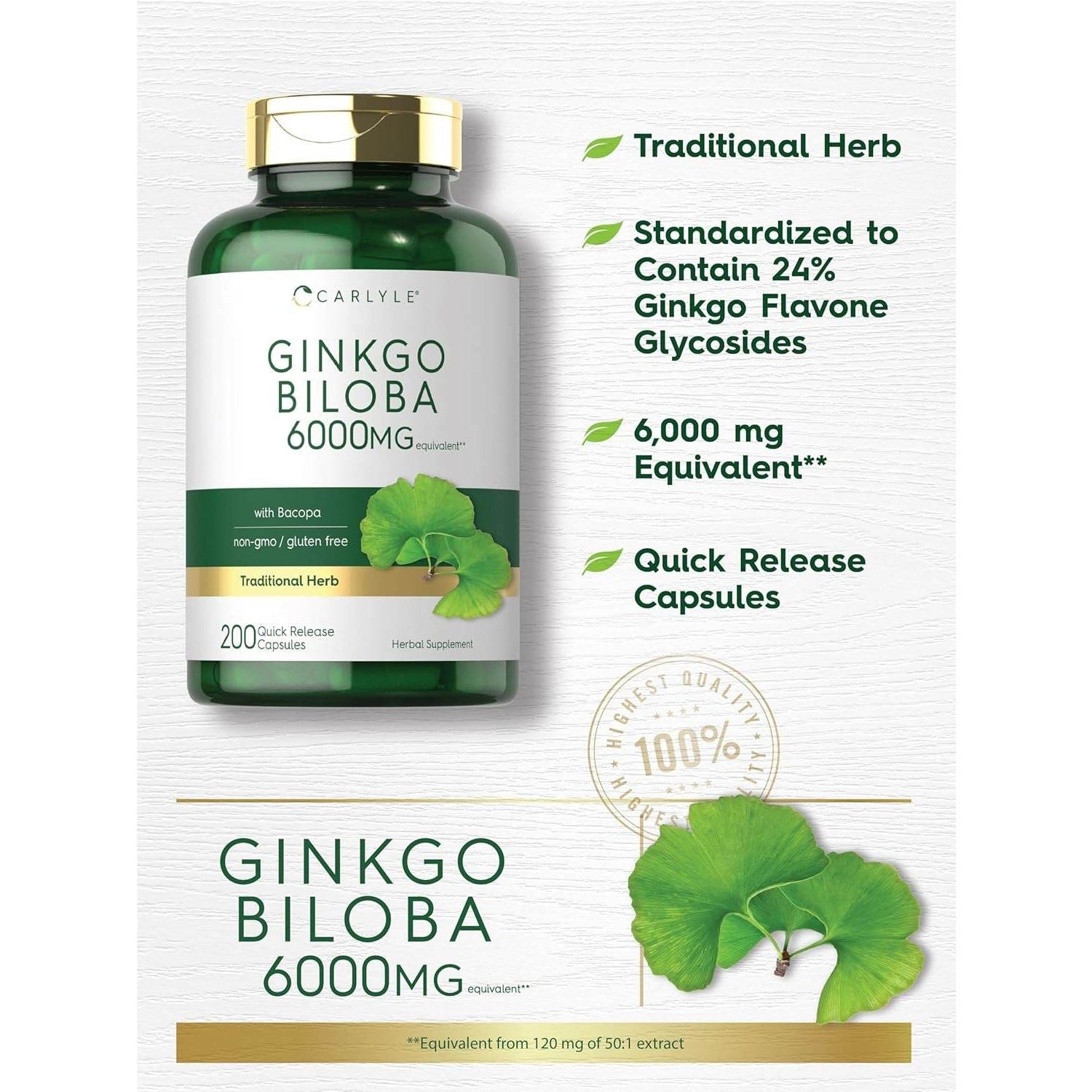 Carlyle Ginkgo Biloba Pills | 6000mg | 200 Capsules | with Bacoba Extract | Extra Strength, Non-GMO and Gluten Free Herbal Supplement - My Store