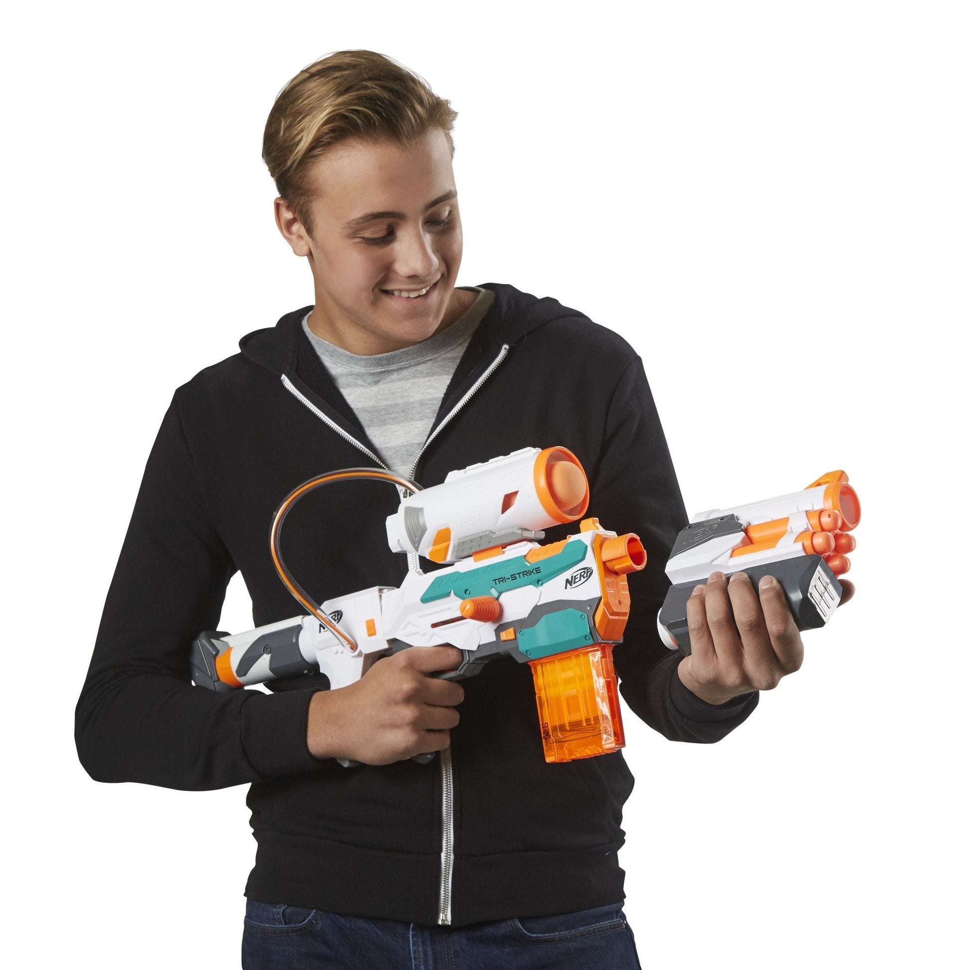 Buy now Nerf Modulus Tri-Strike Blaster, Mega Barrel, Rocket Launcher, Clip, 1 Rocket, Kids Outdoor Games (Amazon Exclusive) at indiglob india