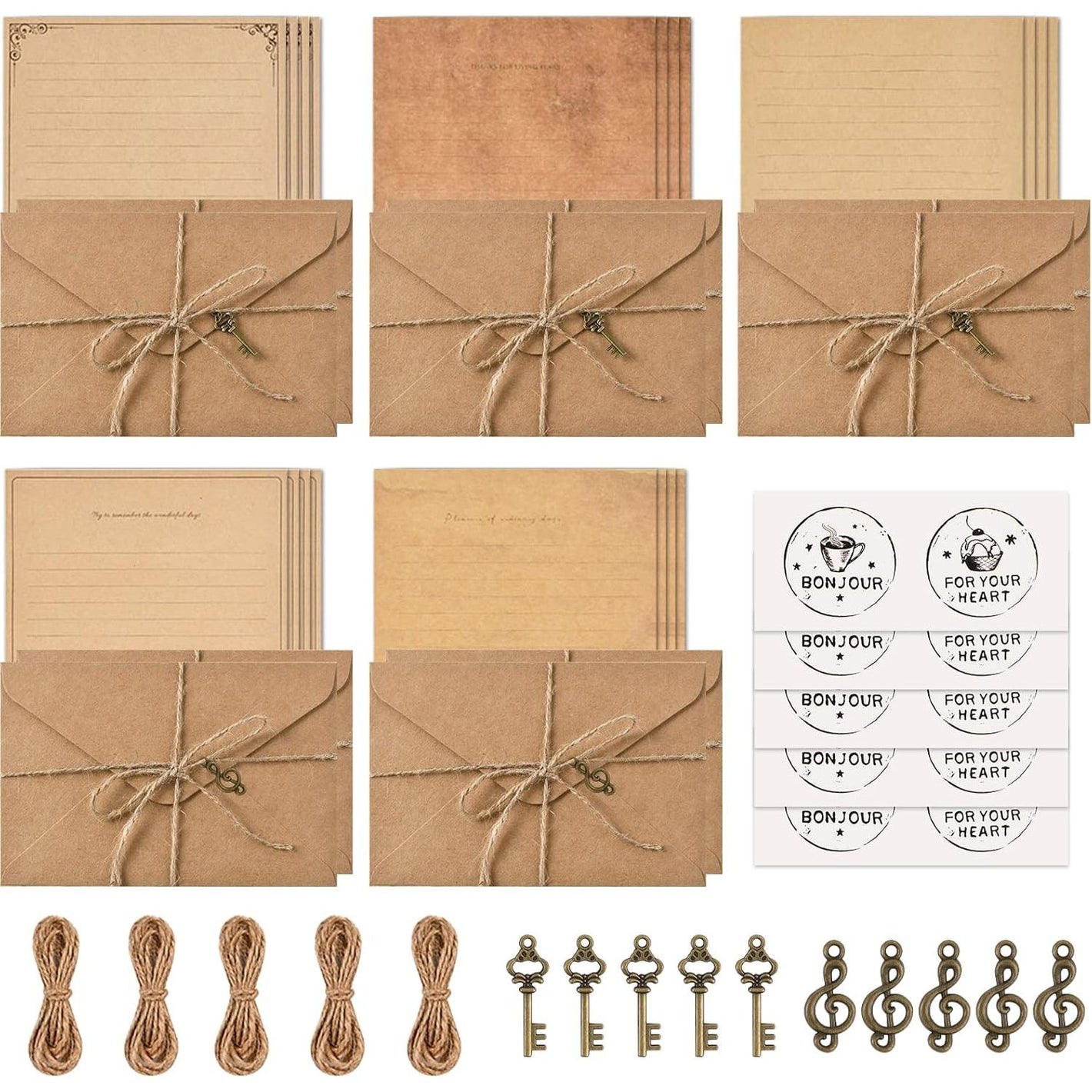 Vintage Stationary Paper and Envelopes Set,Writing Stationery Paper Letter and Envelopes Includes 20 Sheets of Vintage Letter Papers,10 Envelopes,10 Hemp Ropes,10 Retro Keys