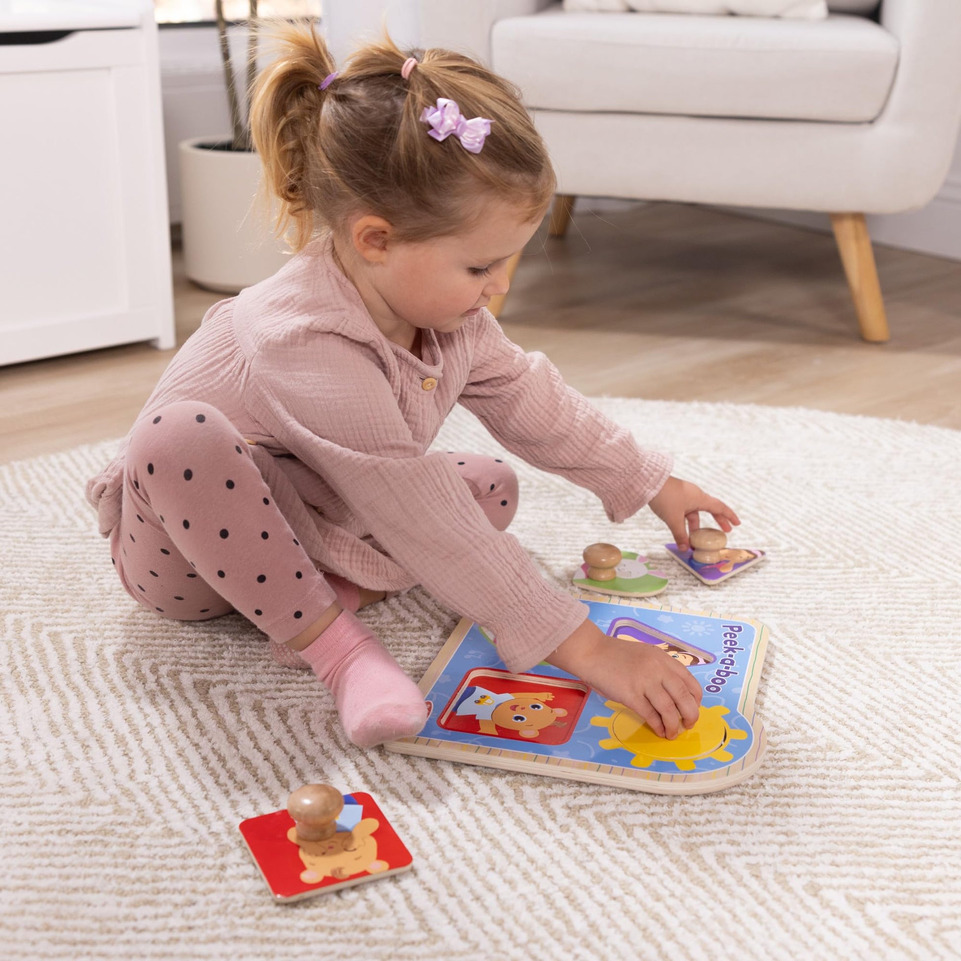 Buy now Melissa & Doug?? Ms. Rachelƒ?› Wooden Peek-a-Boo Jumbo Peg Puzzle, 4-Piece with Mirror, Toddler Toys for Boys and Girls Ages 1+ Years at indiglob india