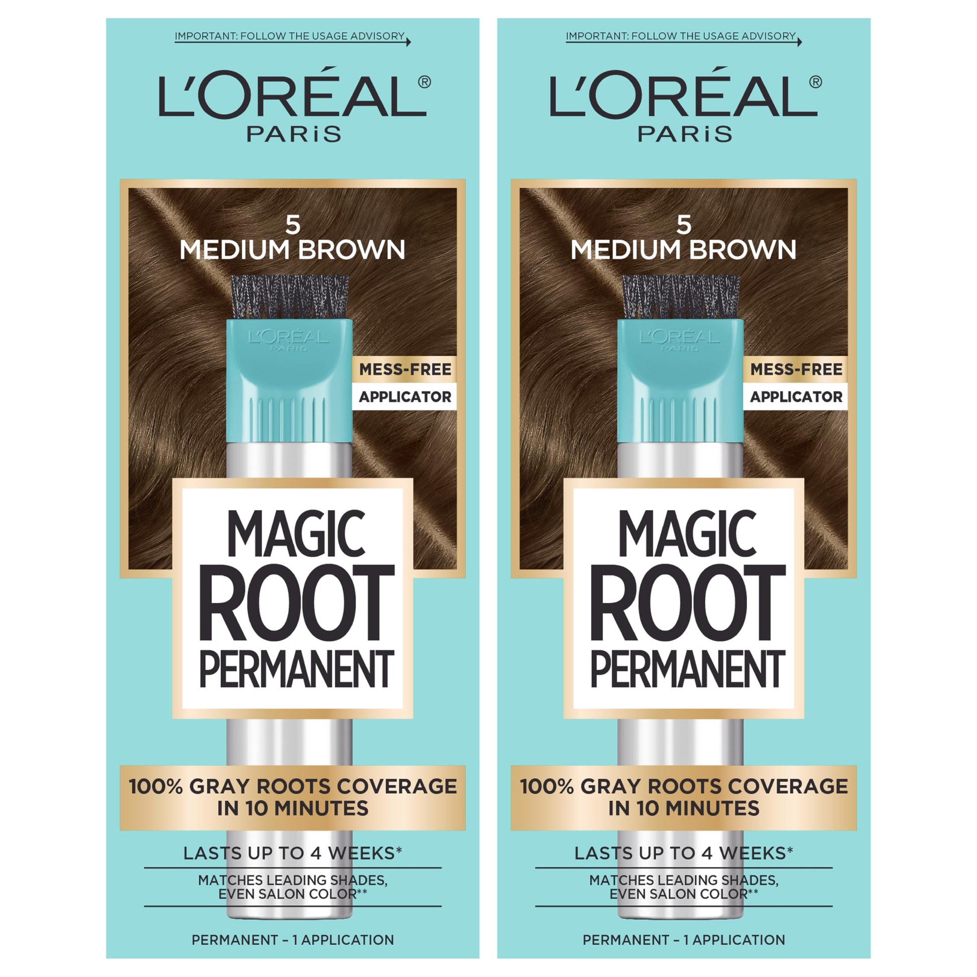 Buy now L'Oreal Paris Magic Root Rescue 10 Minute Root Hair Coloring Kit, Permanent Hair Color with Quick Precision Applicator, 100 percent Gray Coverage, 4 Dark Brown, 2 count 5 Medium Brown 1 Count (Pack of 2) at indiglob india