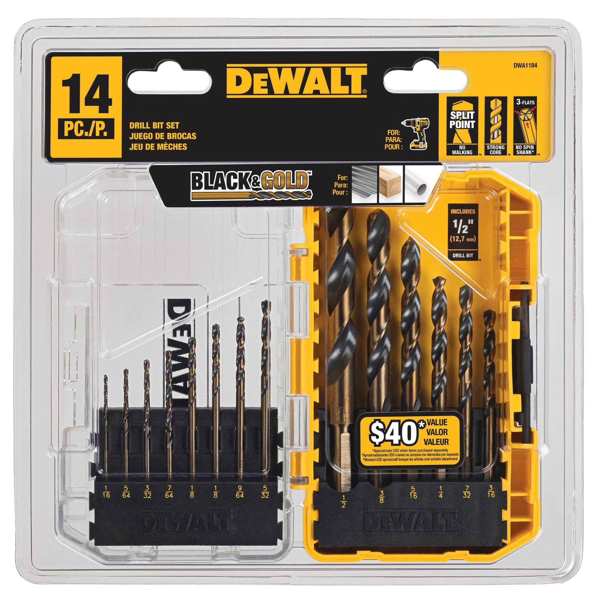 Buy now DEWALT Drill Bit Set, 3-Flats Shank,14-Piece, 135 Degree Split Point, for Plastic, Wood and Metal (DWA1184) at indiglob india