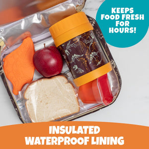 Bentology Kids Lunch Bag Set w Matching Reusable Food Jar & Hard Ice Pack-Dinosaur- Insulated Tote, Stainless Steel thermos & Freezer Pack to Keeps Food Fresh for Hours- Back to School Lunch Box Kits