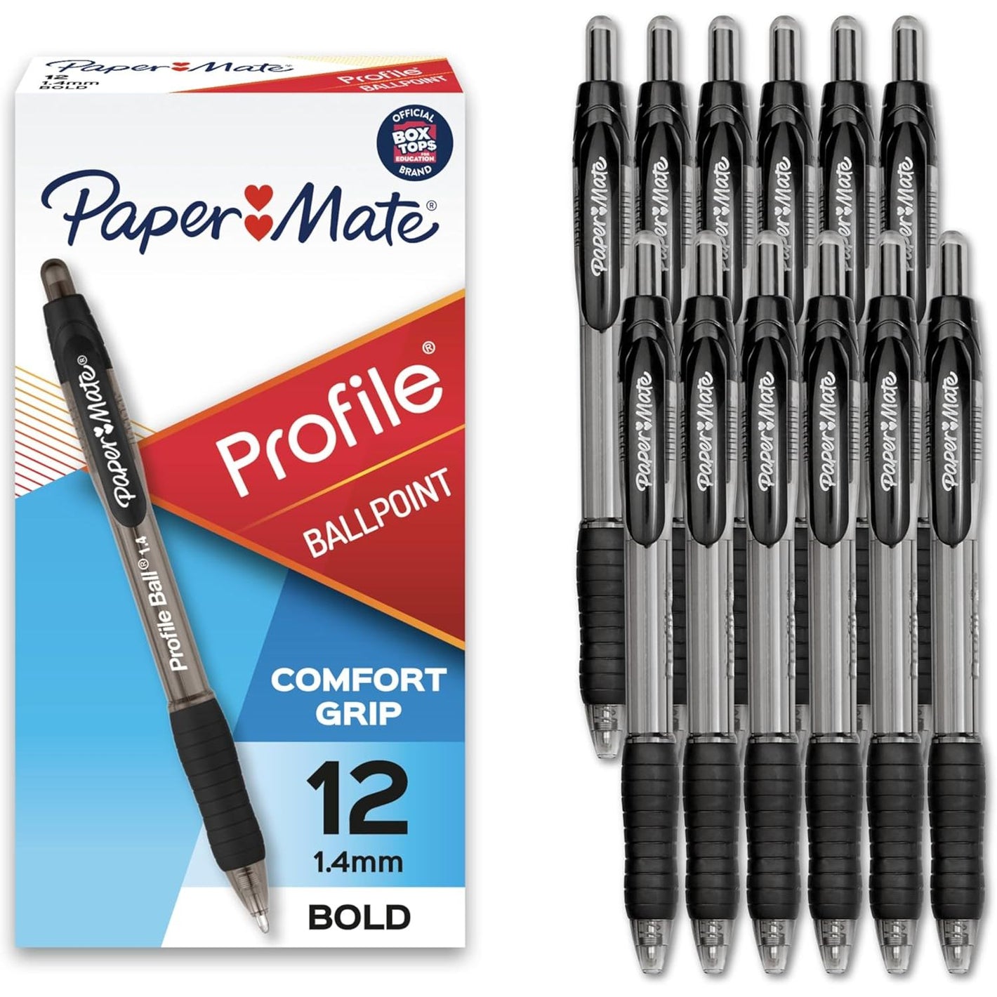 Paper Mate Profile Retractable Ballpoint Pens, Bold Point (1.4mm), Black, 12 Count