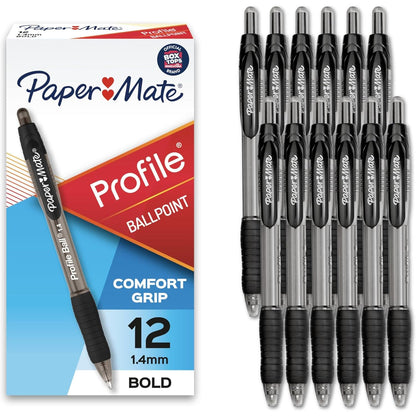 Paper Mate Profile Retractable Ballpoint Pens, Bold Point (1.4mm), Black, 12 Count