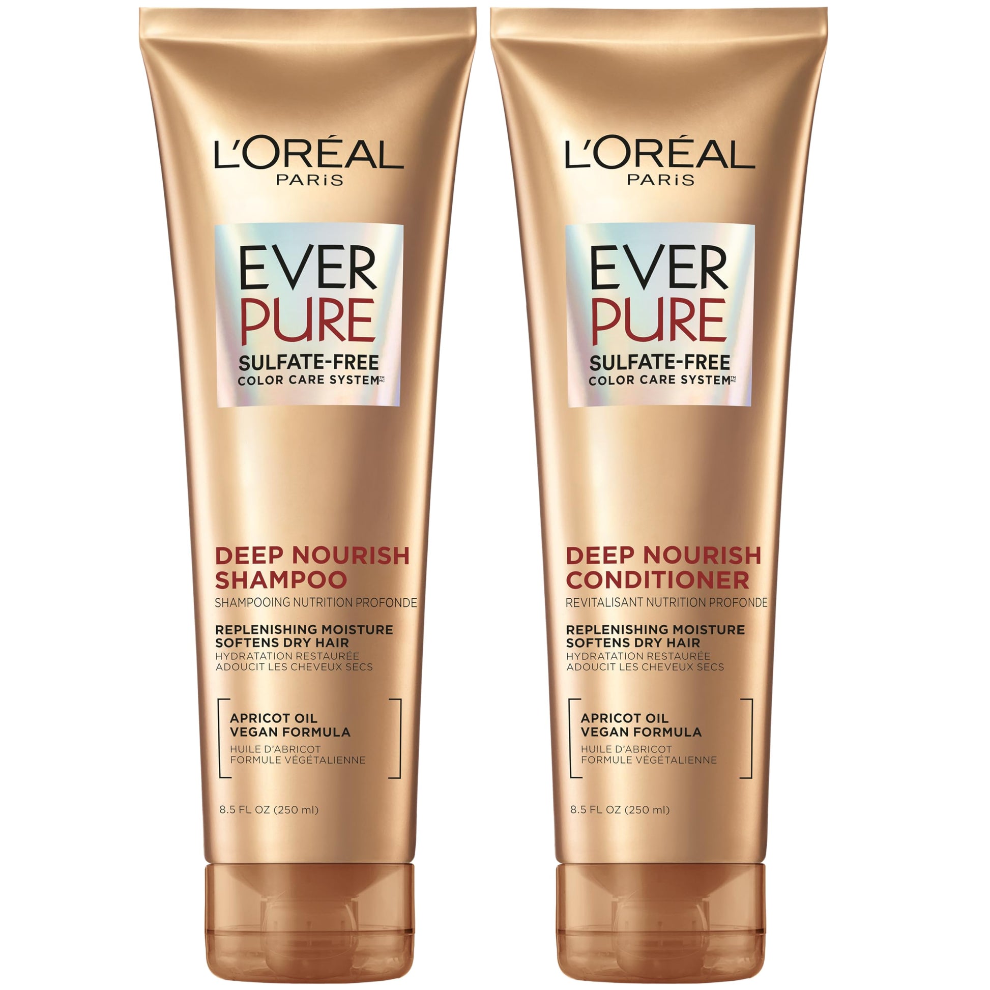 Buy now L'Oreal Paris Shampoo, Sulfate Free, Triple Action Hydration for Dry Hair, EverPure, 8.5 Fl Oz (Packaging May Vary), Damaged, Color-Treated Hair, Apricot Oil Infused, Deep Nourish Shampoo & Conditioner set 17 Fl Oz (Pack of 1) at indiglob india