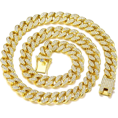 FEEL STYLE Mens Cuban Link Chain Gold Silver Plated Bling Miami Cuban Necklace Diamond Chain for Men 13MM Iced Out Hip Hop Jewelry 18-24inch