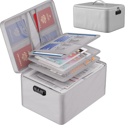 ENGPOW Large Document Organizer with Lock (15" x 11" x 8"), 4-Layer Fireproof ＆ Water-Resistant Safe Bag File Organizer Storage for Important Documents, Certificates, Laptop, Passports, Silver
