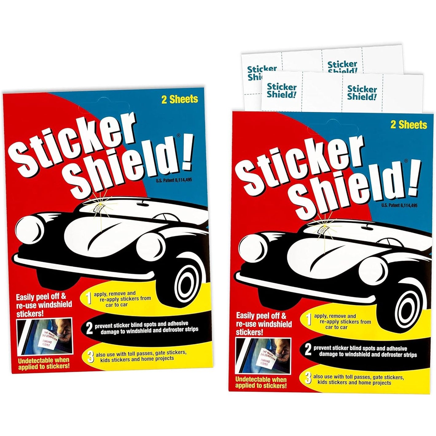 STICKER SHIELD - Windshield Sticker Applicator for Easy Application, Removal and Re-Application from Car to Car - 4 inch x 6 inch Sheets (2 Packs (4 Sheets Total))