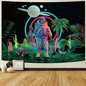 Amonercvita Blacklight Astronaut Tapestry UV Reactive Planet Tapestries Neon Cactus Tapestry Galaxy Space Tapestries Black Light Palm Tree Wall Hanging for Room