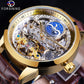 FORSINING Men's Skeleton Moon Phase Watch Mechanical Self-Wind Tourbillon Dual Time Zone Watches Automatic Luxury Leather Strap Large Dial Wristwatch