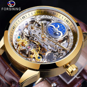 FORSINING Men's Skeleton Moon Phase Watch Mechanical Self-Wind Tourbillon Dual Time Zone Watches Automatic Luxury Leather Strap Large Dial Wristwatch