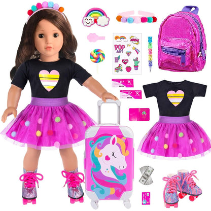 ebuddy 18 inch Doll Clothes and Accessories-Travel Suitcase Set with Fashion Outfit & Pretend Play Accessories Fit for 18" Girl Dolls (No Doll)