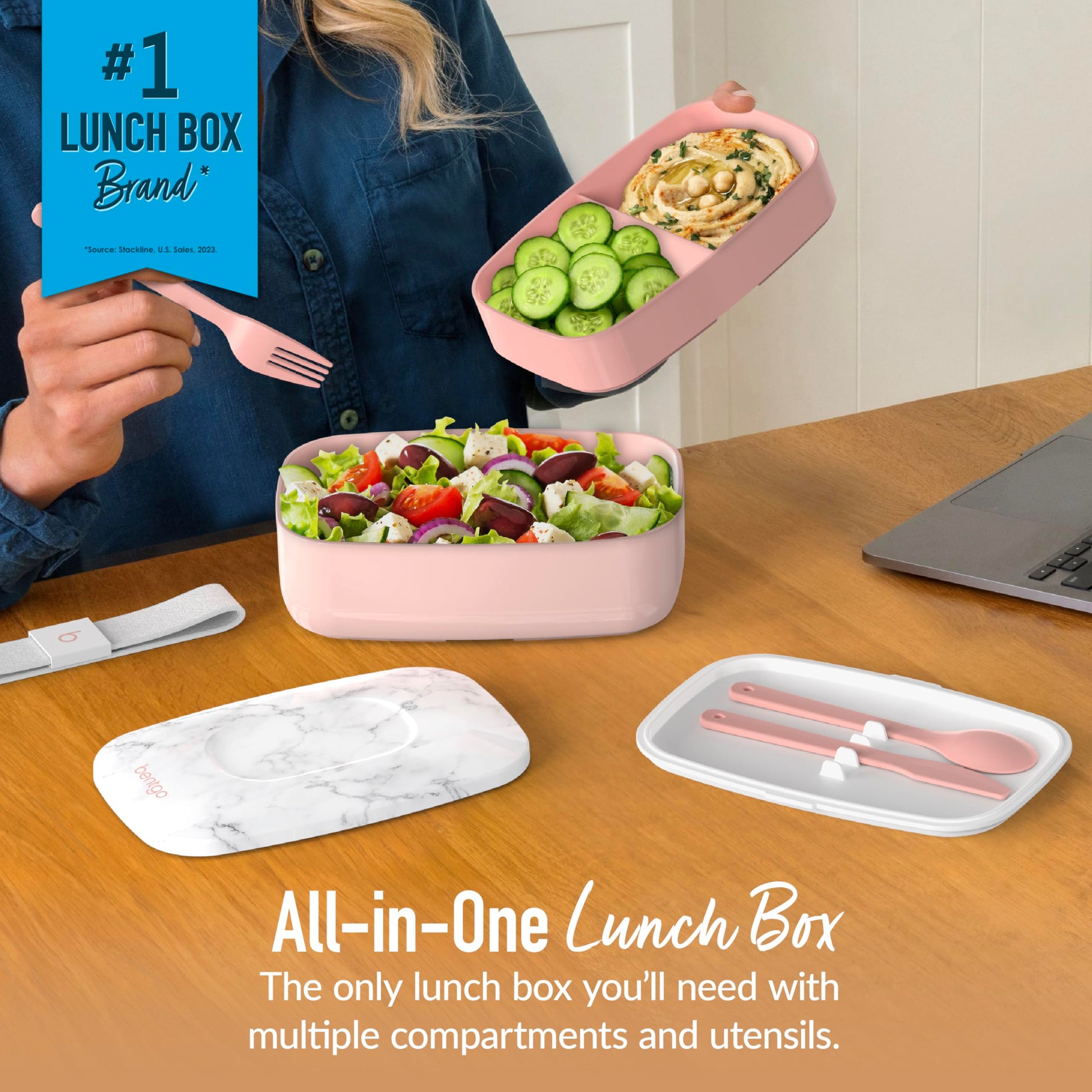 Buy now Bentgo Classic - Adult Bento Box, Stackable 3-Compartment Lunch Box with Removable Utensil Set and Sealing Strap, BPA-Free, Food Container Ideal for Meal Prep, Work, and On the Go (Blush Marble) at indiglob india