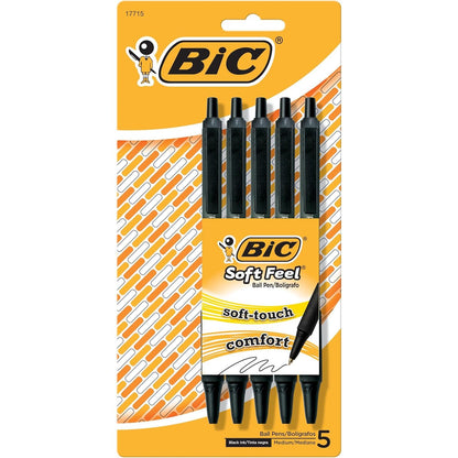 BIC Soft Feel Black Retractable Ballpoint Pens, Medium Point (1.0mm), 5-Count Pack, Black Pens With Soft-Touch Comfort Grip